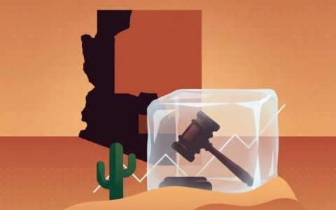 Flat illustration of an Arizona State map in desert copper tones next to a courtroom gavel frozen inside a block of ice