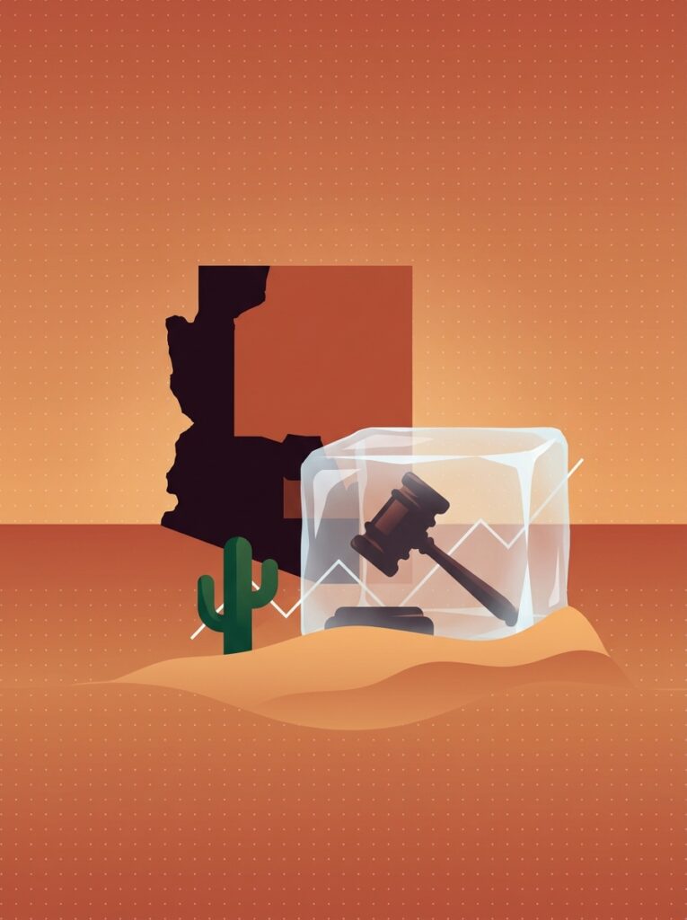 Flat illustration of an Arizona State map in desert copper tones next to a courtroom gavel frozen inside a block of ice