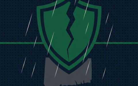 Flat illustration of a cracked green shield above a gray Connecticut State map in a dark rainstorm
