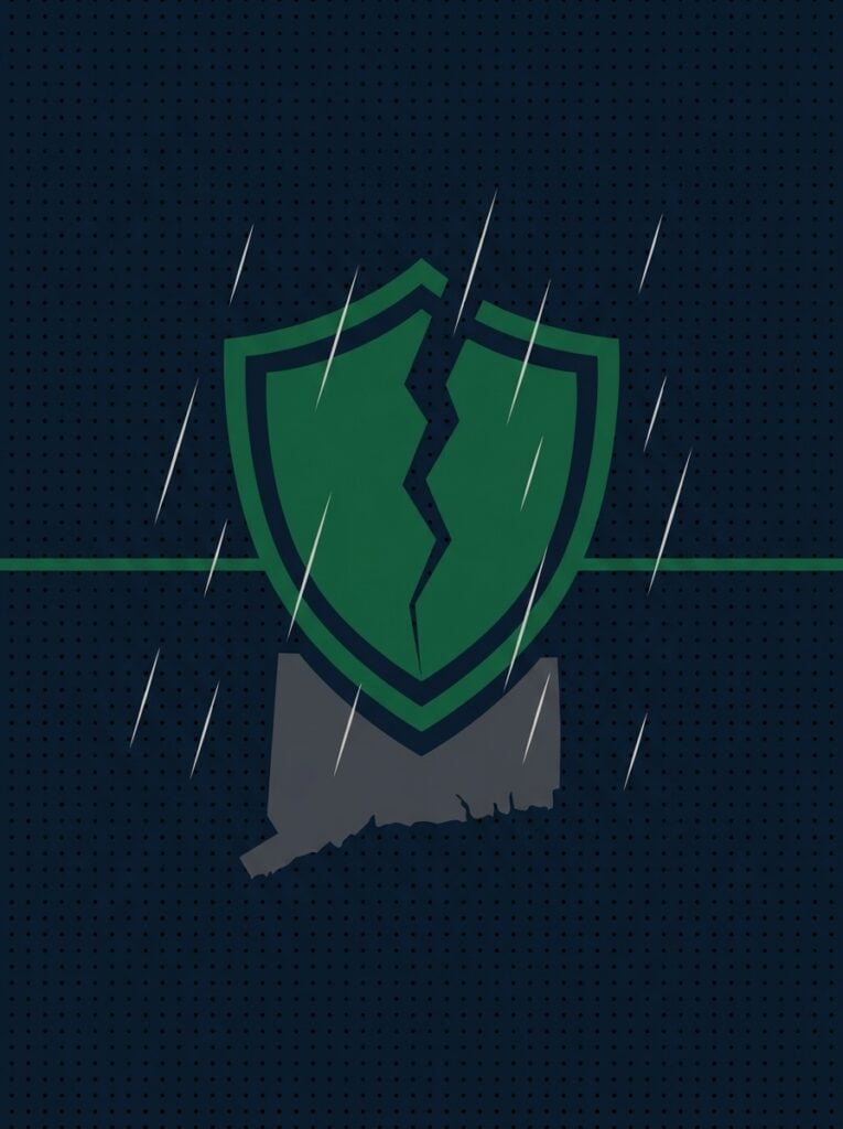 Flat illustration of a cracked green shield above a gray Connecticut State map in a dark rainstorm