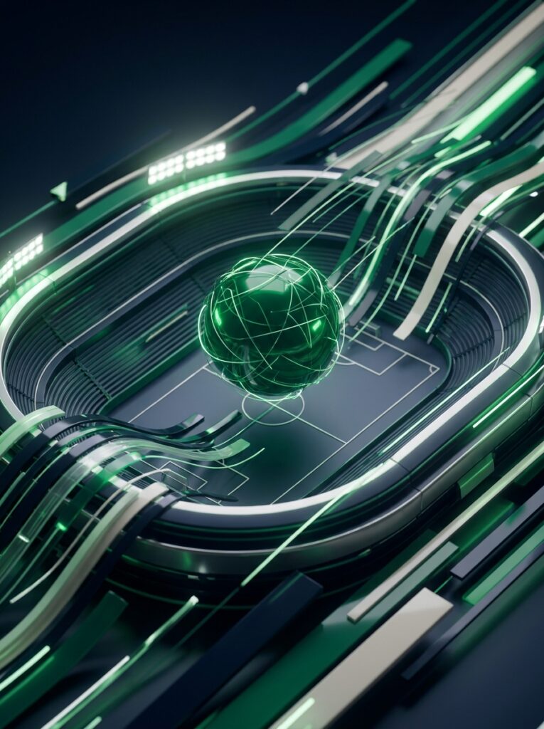 Stadium bowl at night as a trading floor with a green exchange orb above midfield