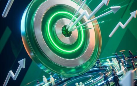 Dartboard with market-line arrows near the bullseye on a teal field, one ring glowing green