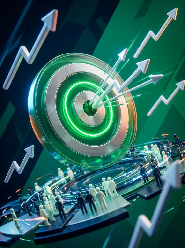 Dartboard with market-line arrows near the bullseye on a teal field, one ring glowing green