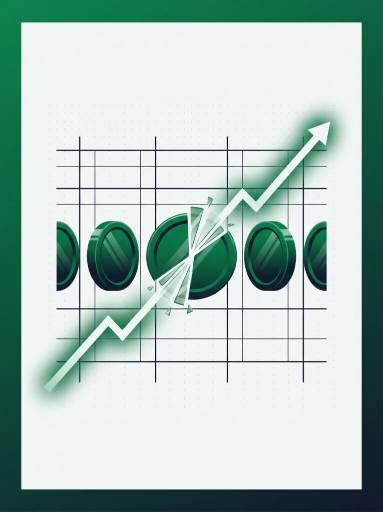 Ledger grid with coins, one dissolving into slices, a green line rising through