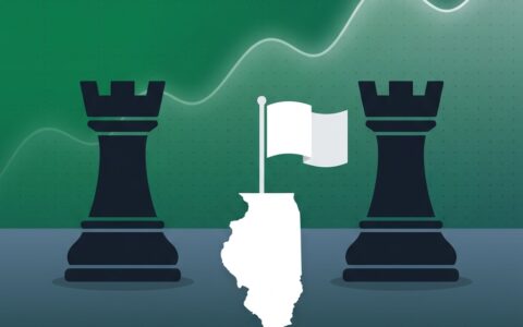 Flat illustration of a white Illinois State map holding a truce flag between two opposing chess rooks