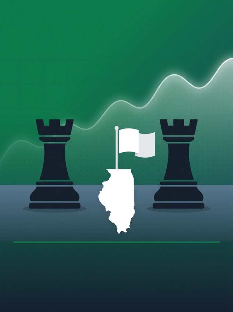 Flat illustration of a white Illinois State map holding a truce flag between two opposing chess rooks