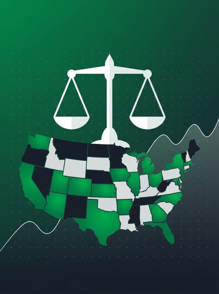 US map as stone mosaic tiles, some lit green, beneath balanced scales on a slate field