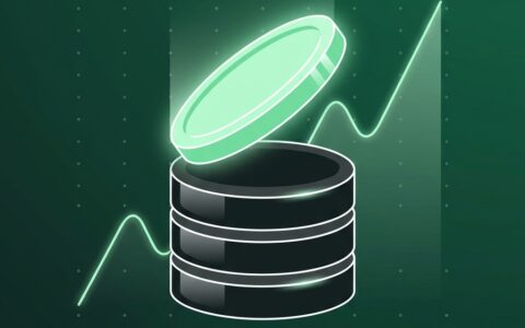 Stack of dark coins with a thin mint slice lifting away, charcoal-and-mint palette
