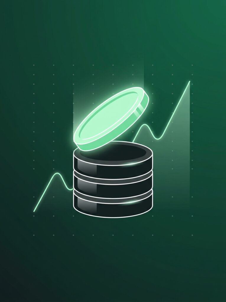 Stack of dark coins with a thin mint slice lifting away, charcoal-and-mint palette