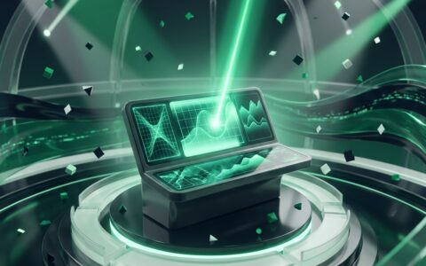 Charcoal trading terminal with mint screen grids spotlit on an arena podium