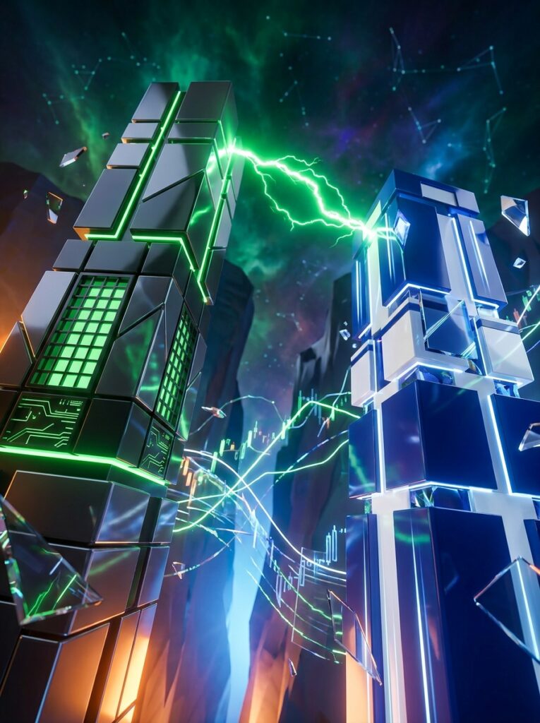 Two towers face off — one charcoal with mint-green accents, one royal blue and white — a green spark arcing between them