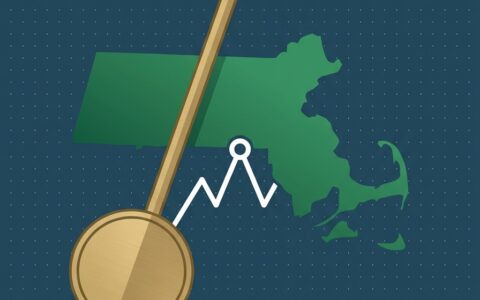 Flat illustration of a green Massachusetts State map balanced with a paused brass pendulum on a deep teal field