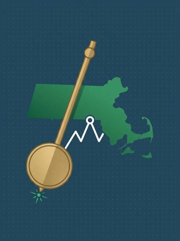Flat illustration of a green Massachusetts State map balanced with a paused brass pendulum on a deep teal field
