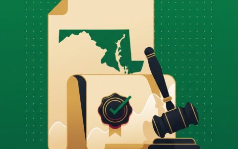 Flat illustration of a Maryland State map cut out of a sealed paper document propping up a heavy gavel