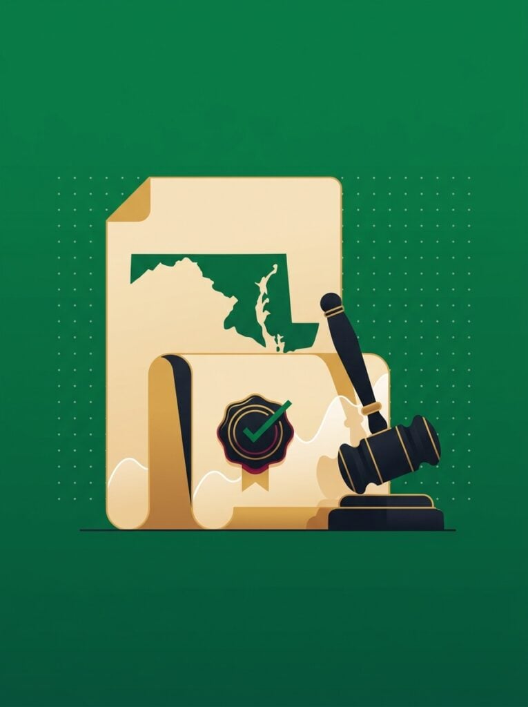 Flat illustration of a Maryland State map cut out of a sealed paper document propping up a heavy gavel