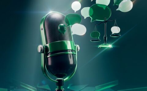 Vintage microphone under a spotlight with floating speech-bubble shapes, teal field