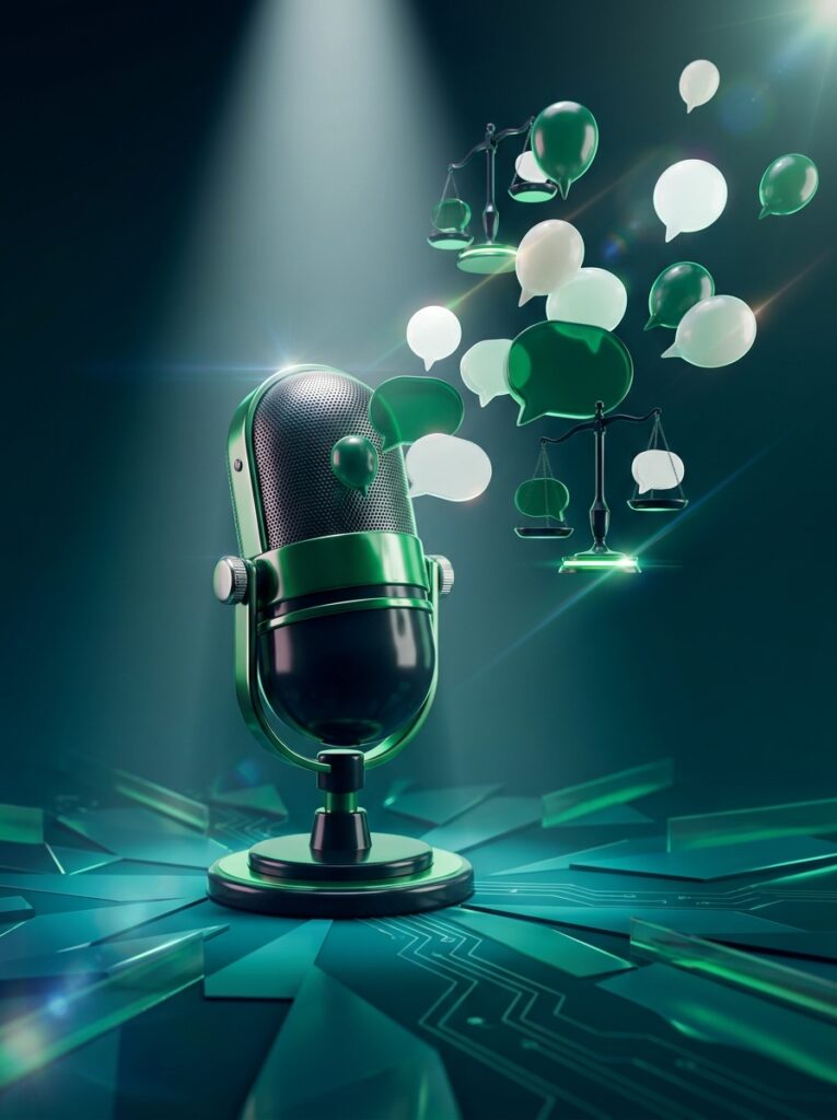 Vintage microphone under a spotlight with floating speech-bubble shapes, teal field