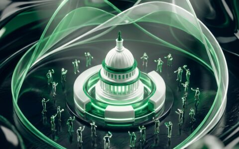 Stylized capitol dome in a miniature arena with green and white probability ribbons