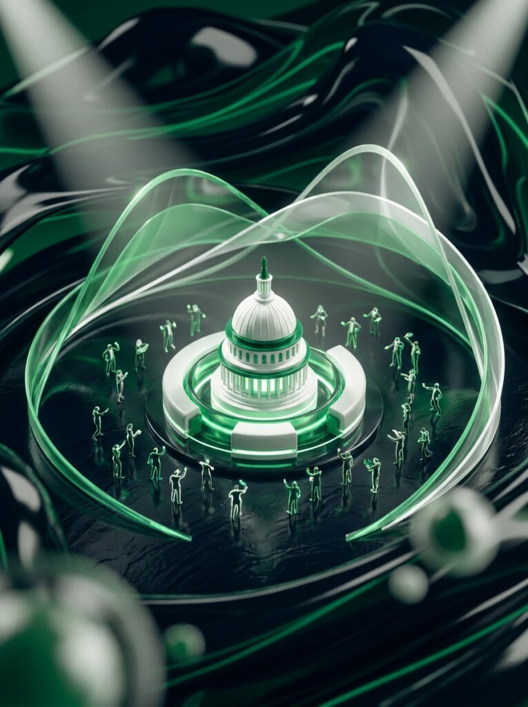 Stylized capitol dome in a miniature arena with green and white probability ribbons