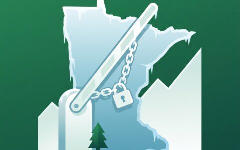 Flat illustration of an icy Minnesota State map behind a barrier gate chained open in the raised position