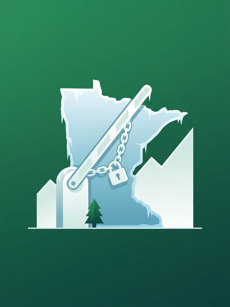 Flat illustration of an icy Minnesota State map behind a barrier gate chained open in the raised position
