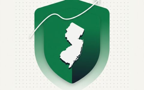 Flat illustration of a white New Jersey State map on an intact green shield with a market line arcing safely over it