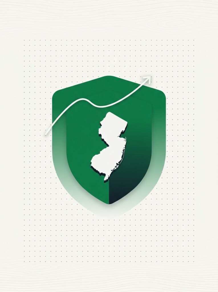 Flat illustration of a white New Jersey State map on an intact green shield with a market line arcing safely over it