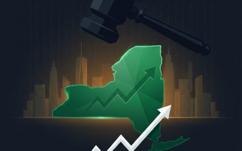 Flat illustration of a green New York State map between a dark gavel above and a rising white market line, against a dark city skyline