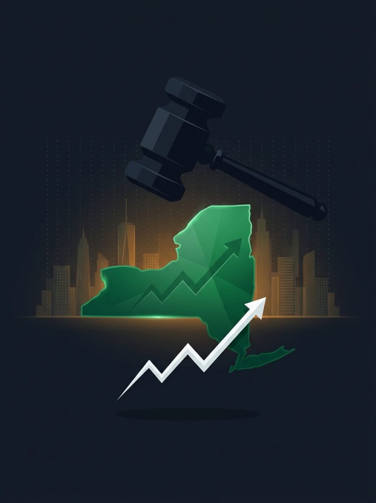 Flat illustration of a green New York State map between a dark gavel above and a rising white market line, against a dark city skyline