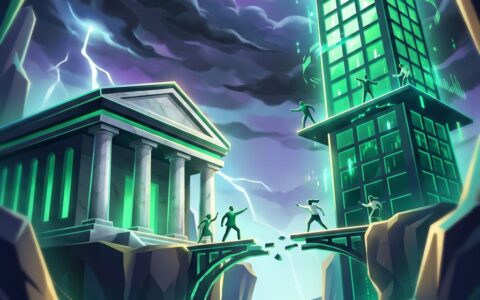 Marble courthouse columns facing a green-lit exchange tower under a storm sky