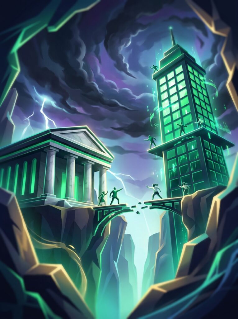 Marble courthouse columns facing a green-lit exchange tower under a storm sky