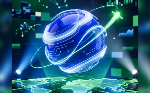 Royal-blue exchange orb wrapped in white data ribbons above a world-grid arena