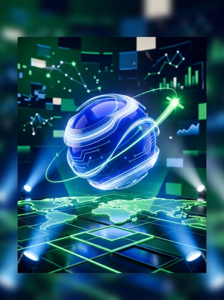 Royal-blue exchange orb wrapped in white data ribbons above a world-grid arena