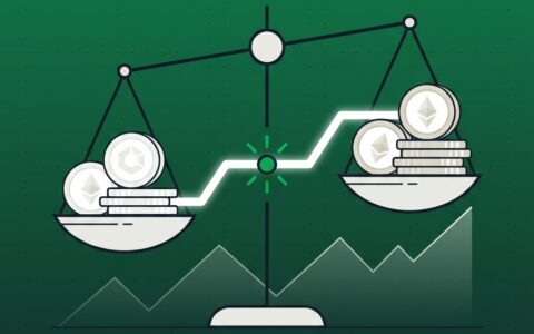 Two token stacks on a balance scale joined by a glowing bridge line, teal field