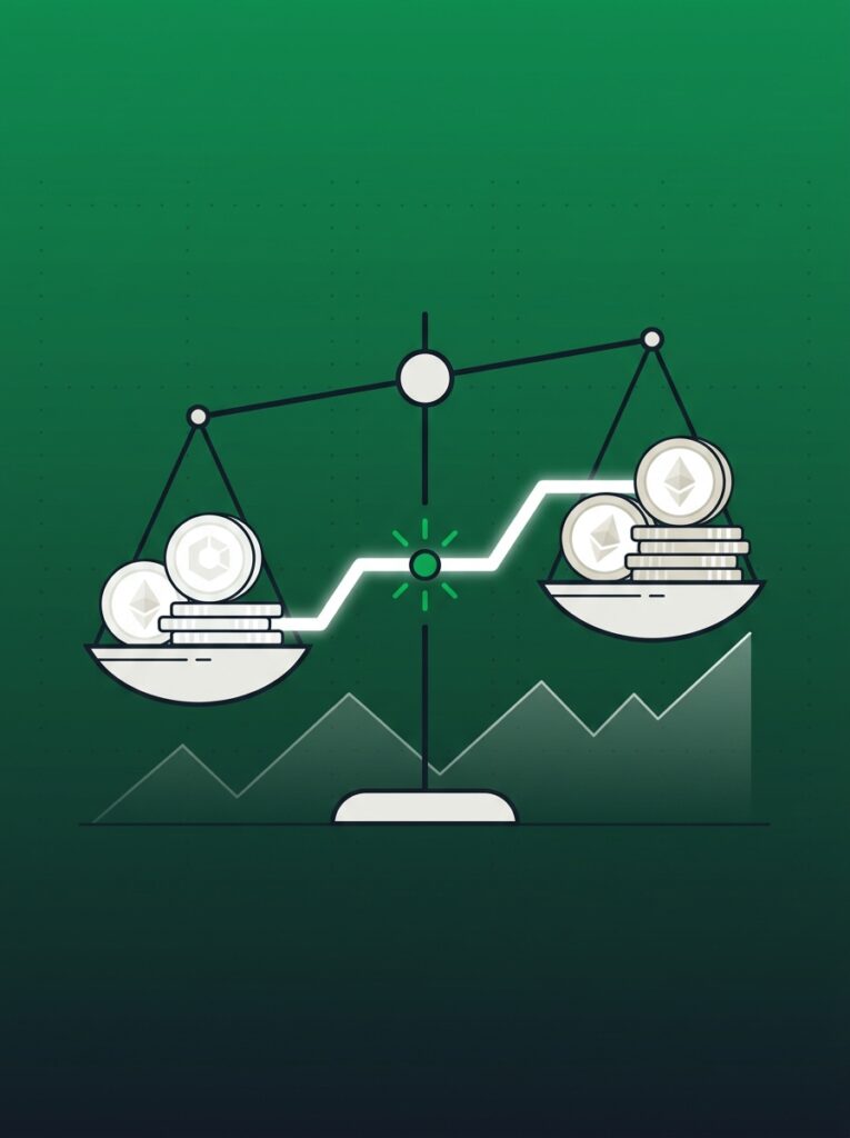 Two token stacks on a balance scale joined by a glowing bridge line, teal field