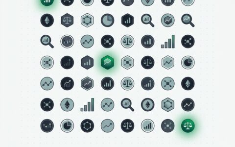 Museum grid of varied market tokens in muted tones with a few glowing green