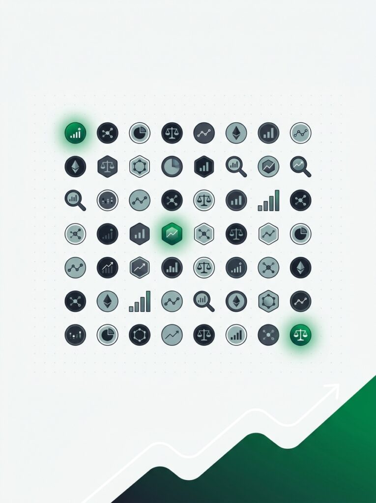 Museum grid of varied market tokens in muted tones with a few glowing green