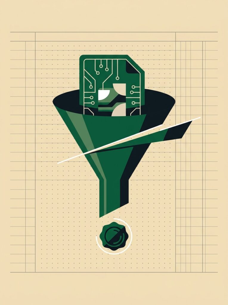 Green token passing through a funnel slicing a wedge toward a seal stamp on a ledger-paper field