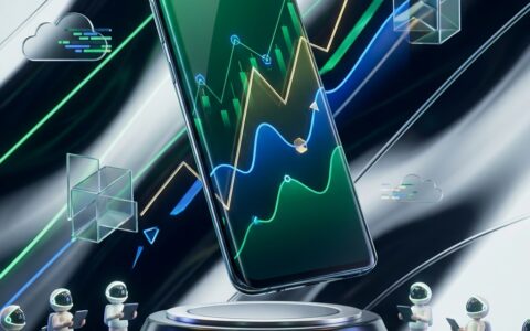 Glossy smartphone on a pedestal showing an abstract market chart, ink field
