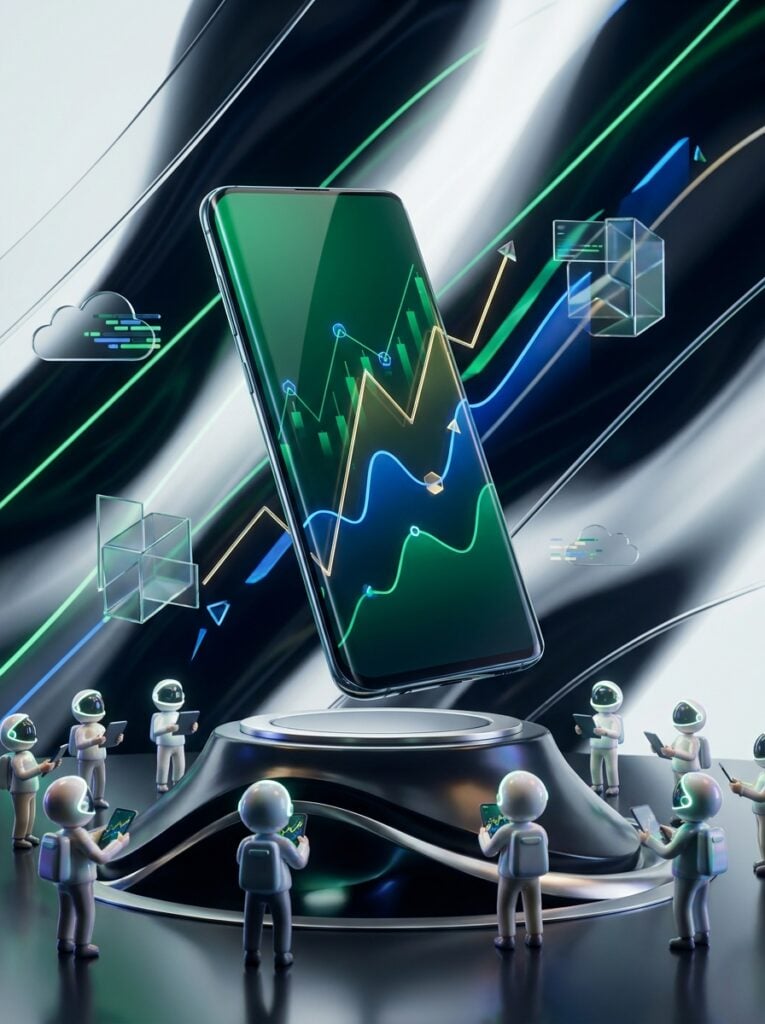 Glossy smartphone on a pedestal showing an abstract market chart, ink field
