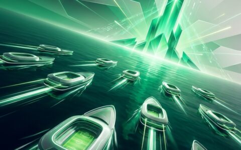 Fleet of stadium-shaped vessels sailing toward a glowing green exchange tower