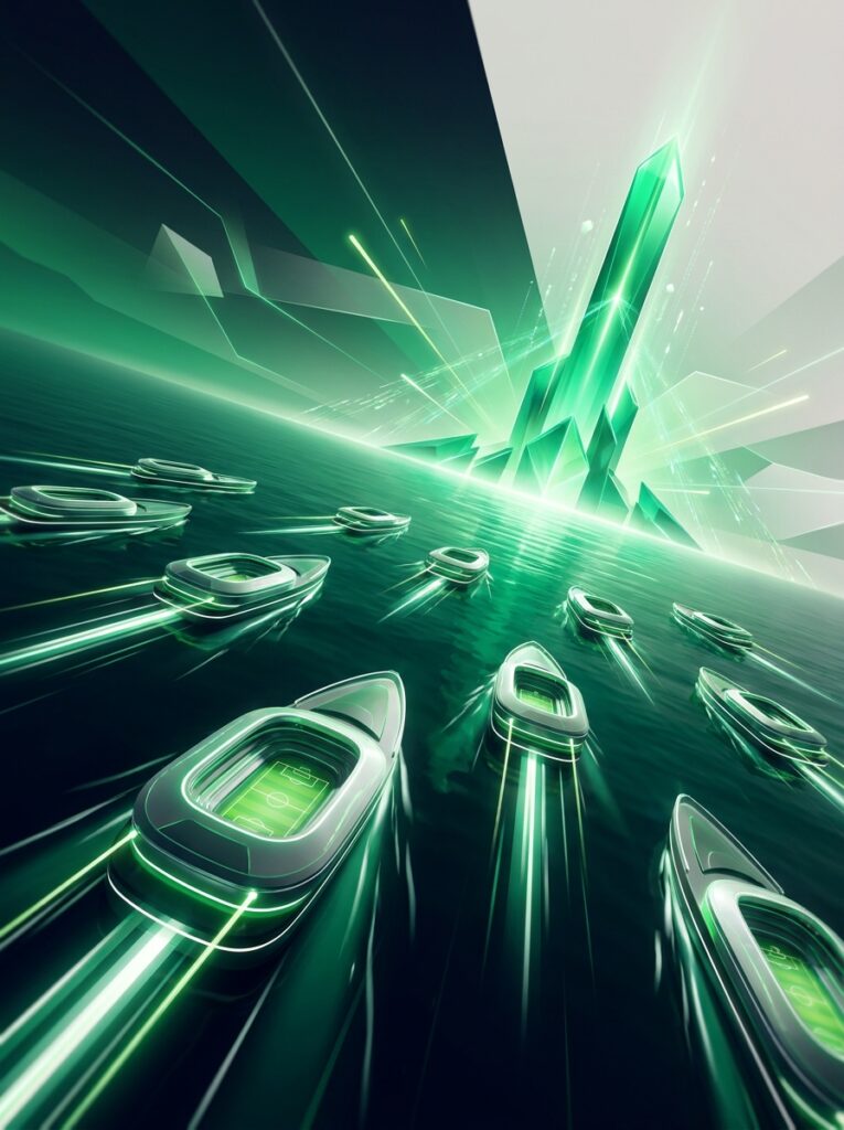 Fleet of stadium-shaped vessels sailing toward a glowing green exchange tower