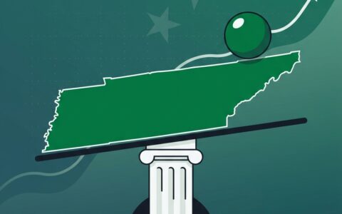 Flat illustration of a green Tennessee State map as a seesaw tilted on a courthouse column with a ball near the edge