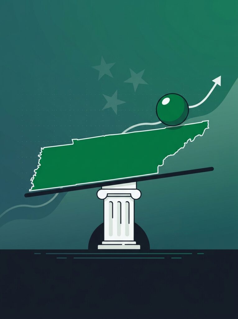Flat illustration of a green Tennessee State map as a seesaw tilted on a courthouse column with a ball near the edge