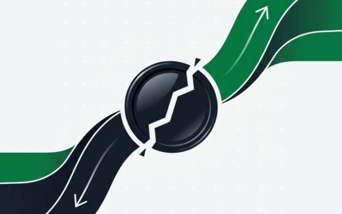 Dark contract token splitting into a rising green path and a falling dark path on a light field