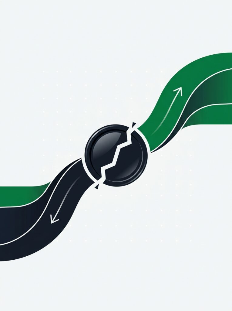 Dark contract token splitting into a rising green path and a falling dark path on a light field