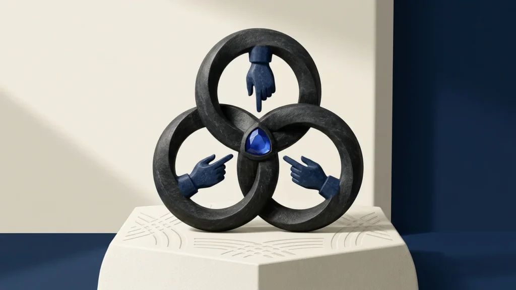 Illustration of three dark, interconnected rings standing on a geometric pedestal, with three blue hands extending from the rings to point toward a central blue triangular gem.
