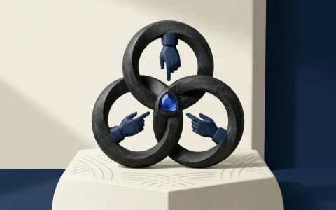 Illustration of three dark, interconnected rings standing on a geometric pedestal, with three blue hands extending from the rings to point toward a central blue triangular gem.