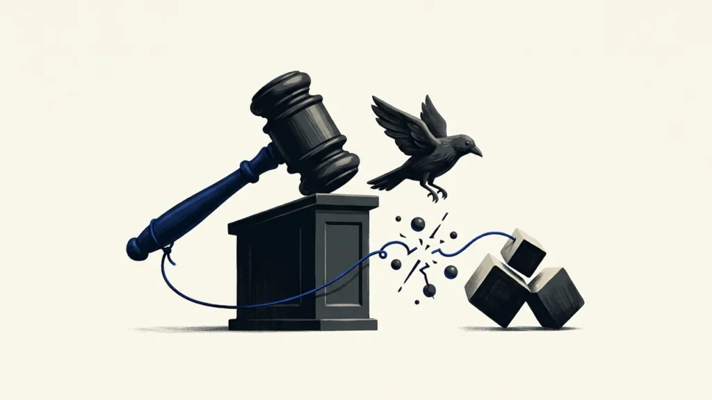 Illustration of a wooden judge's gavel resting on a pedestal, with a string tethering it to a cluster of dark cubes that are breaking apart while a black bird takes flight nearby.