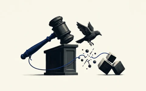 Illustration of a wooden judge's gavel resting on a pedestal, with a string tethering it to a cluster of dark cubes that are breaking apart while a black bird takes flight nearby.